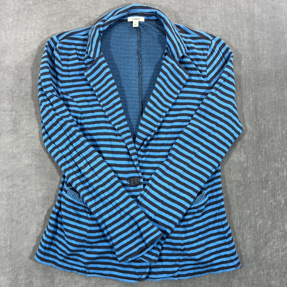 Caslon Women's Small Blue Charcoal Striped Knit‎ Blazer Jacket Cardigan Sweater